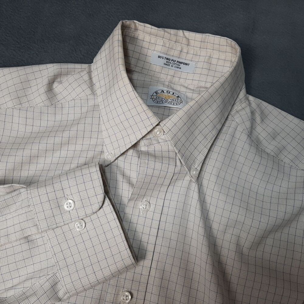 Eagle Shirtmakers Shirt Mens Large 16 32/33 Beige Non Iron Windowpane Plaid